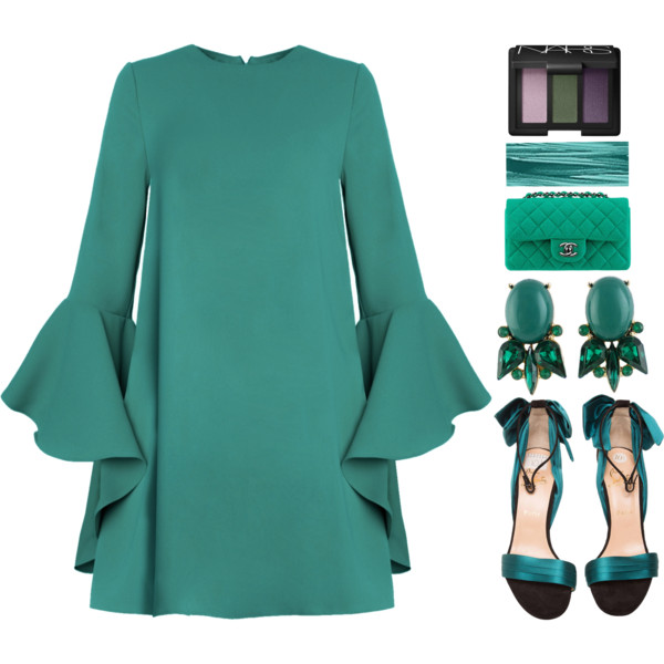 A fashion look from October 2016 featuring flounce dress, ankle tie sandals and gem earrings. Browse and shop related looks.