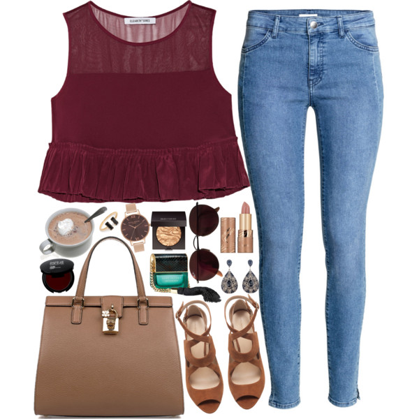 A fashion look from October 2016 featuring purple crop top, skinny jeggings and heeled sandals. Browse and shop related looks.