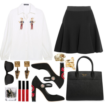 A fashion look from October 2016 featuring white sequin shirt, flared hem skirt and high heel mary janes. Browse and shop related looks.