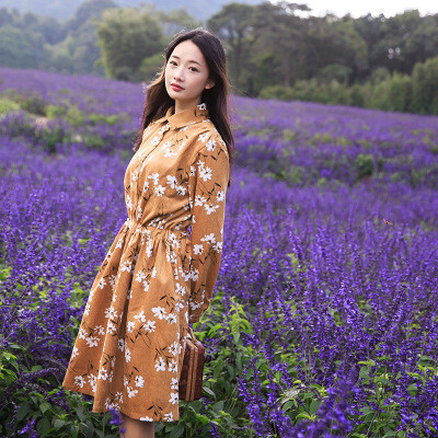 森女系复古小清新 灯芯绒田园甜美碎花收腰长袖学院风中场连衣裙