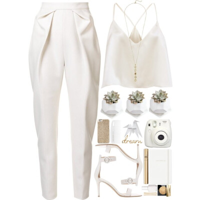 A fashion look from November 2016 featuring white summer tops, pink trousers and white heel shoes. Browse and shop related looks.