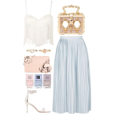 A fashion look from August 2016 featuring white top, pleated skirt and high heeled footwear. Browse and shop related looks.