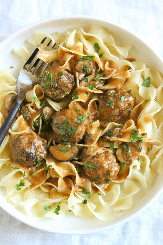 Comfort food the whole family will love! These delicious turkey meatballs are simmered in a sour cream mushroom sauce, SO good! Perfect over egg noodles or serve them over spiralized butternut squash noodles if you want to lower the carbs.