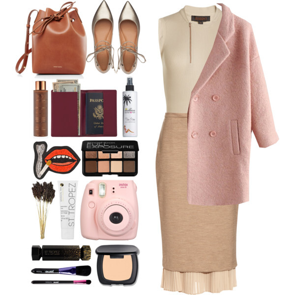 A fashion look from November 2016 featuring beige top, pink coat and high waisted skirts. Browse and shop related looks.