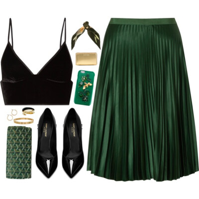 A fashion look from December 2016 featuring crop top, knee length skirts and low heel shoes. Browse and shop related looks.