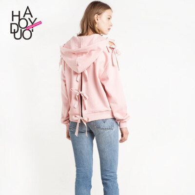 Haoduoyi2016冬季女装新款 欧美时尚蝴蝶结织带装饰连帽拉链卫衣