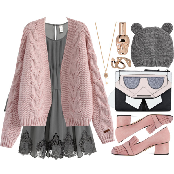 A fashion look from November 2016 featuring lace sleeve dress, pink cardigan and chunky heel shoes. Browse and shop related looks.