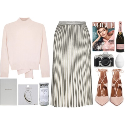 A fashion look from December 2016 featuring tie top, white midi skirt and mid-heel shoes. Browse and shop related looks.