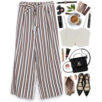 A fashion look from December 2016 featuring white crop top, cropped pants and black flats. Browse and shop related looks.