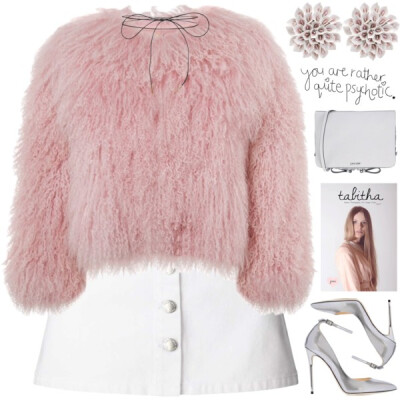 A fashion look from December 2016 featuring pink bolero, white denim skirt and stiletto heel pumps. Browse and shop related looks.