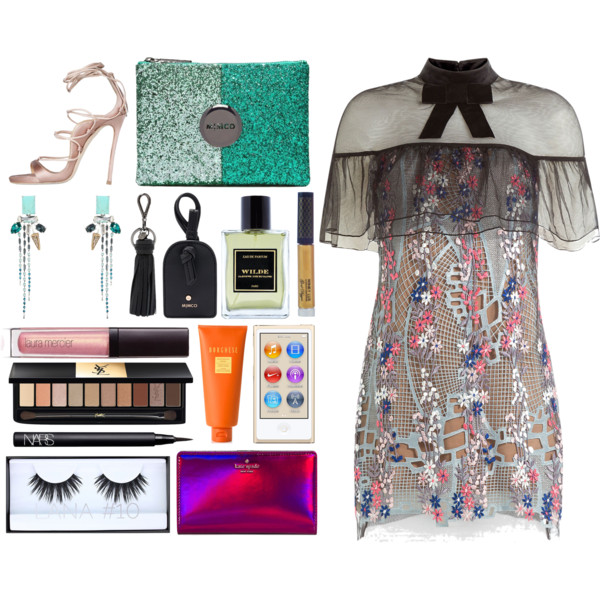 A fashion look from December 2016 featuring see-through dresses, heeled sandals and green handbags. Browse and shop related looks.