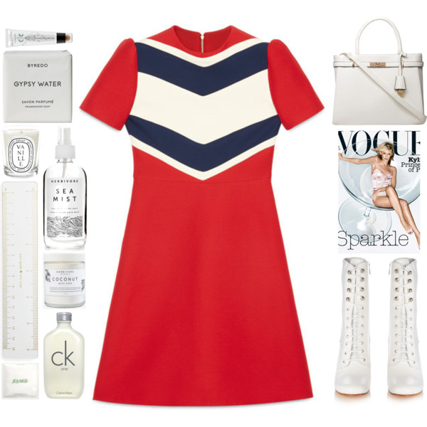 A fashion look from December 2016 featuring red stripe dress, white lace up boots and summer totes. Browse and shop related looks.