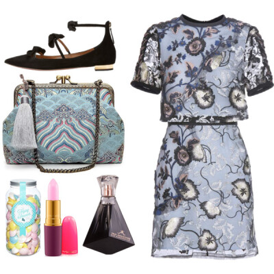 A fashion look from December 2016 featuring blue lace dress, strappy flats and blue handbags. Browse and shop related looks.