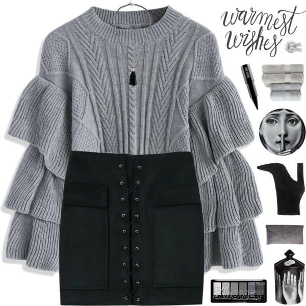 A fashion look from December 2016 featuring cable-knit sweater, short skirts and suede booties. Browse and shop related looks.