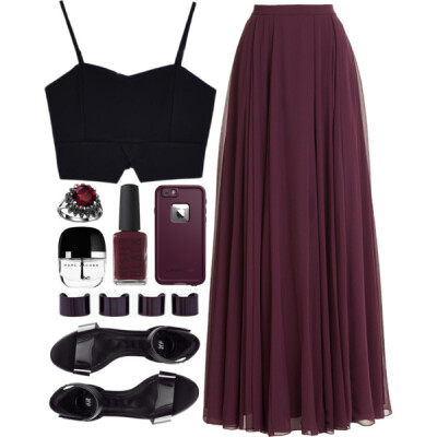 A fashion look from December 2016 featuring cut-out crop tops, purple skirt and flat shoes. Browse and shop related looks.