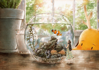 小小的鱼缸，是你圆圆的大海 ~ 来自韩国插画家Aeppol 的「森林女孩日记-2020」系列插画。