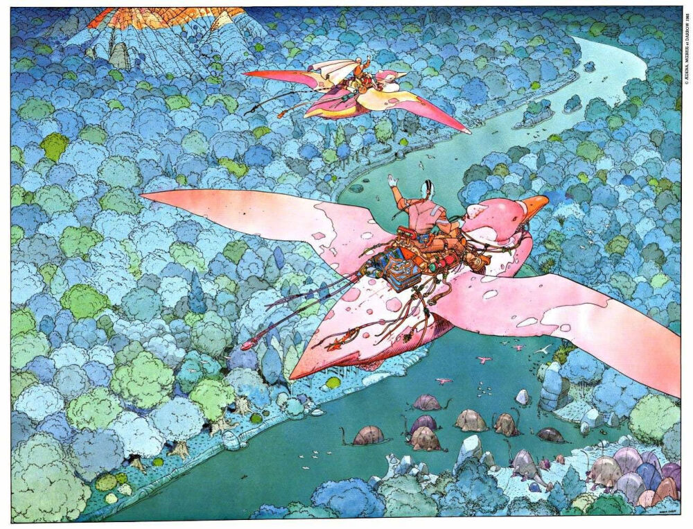 法国作家、漫画家 Jean Giraud（Moebius） 绘画作品一组 \ www.moebius.fr ​​​​\ Moebius笔下奇幻的场景和丰富迷人的视觉想像力，使得漫画界之外的许多艺术相关人士也纷纷注意到他的作品。 ​​​