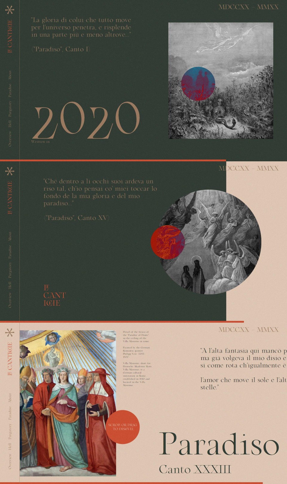 【Le Cantiche 1320】#网页设计# 网站地址：http://t.cn/A6UPDrzN 发现一个很美的网站，这个网站是纪念但丁的长诗The Divine Comedy神曲问世700周年的，神曲于1320年创作完成至今正好700年。网站按照神曲地狱篇炼狱篇天堂篇的顺序进行了设计，配色排版字设都非常美丽——@RH2O3