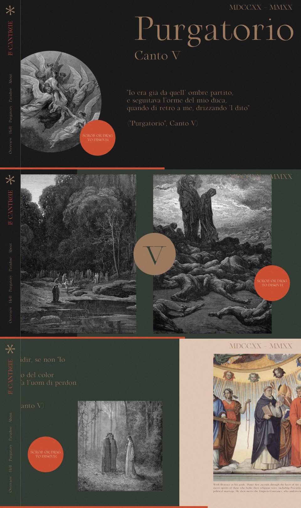 【Le Cantiche 1320】#网页设计# 网站地址：http://t.cn/A6UPDrzN 发现一个很美的网站，这个网站是纪念但丁的长诗The Divine Comedy神曲问世700周年的，神曲于1320年创作完成至今正好700年。网站按照神曲地狱篇炼狱篇天堂篇的顺序进行了设计，配色排版字设都非常美丽——@RH2O3