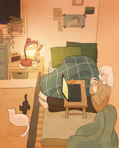 少女 猫 插画 韩国画师샤토作品