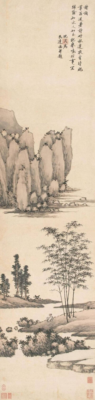 沈周 竹林送爽图 国画山水 花鸟 人物 动物 工笔 写意 详细介绍请关注新浪微博@国画热 你我暮年，闲坐庭院，云卷云舒听雨声，星密星稀赏月影，花开花落忆江南，你话往时，我画往事。新浪微博同名@电影热 求关注o ^_-