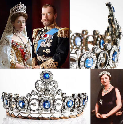 是由蓝色蓝宝石和钻石组成的皇冠，它是亚历山大女王的俄罗斯蓝宝石皇冠，它由八个椭圆形的锡兰蓝宝石重33克拉组成，是送给梅克伦堡-施威林公主亚历山大(1879-1952)的礼物