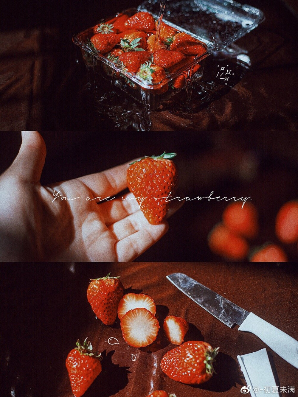 VSCO复古草莓电影感调色 | strawberry | いちご
.
摄影前期准备：深色的布，草莓
进阶版: 玻璃杯、水果刀 、放满水的塑料瓶
拍摄技巧：
1. 亲测用过浅色和深色的布拍草莓，白色可以拍的比较温柔日系，深色拍的比较高级，新手建议深色布拍，零废片
2. 把布放在阳光洒到的地方，也可以用一个放满水的塑料瓶迎着阳光把折射的光洒在草莓上，这样拍超好看！
3. 找个杯子往草莓里倒水，或者把草莓放进玻璃杯倒水疯狂抓拍，稍微倾斜拍出错落感，最好能拍出水花飞溅，如图6，呼吸感～
4. 再拍一些切草莓/拿着草莓等等丰富画面，大胆拍！拍完怎么拼图都好看！拼图后加点文字就绝美啦
调色教程:
这组调色又复古又清透，层次感很好，高级质感满满～
初夏のVSCO调色
♡滤镜：J5 +12.0
色调：阴影+2.3
色调：高光+5.0
白平衡：色温-0.6
白平衡：色调+1.2
肤色：+1.0
锐化：+9.5
颗粒：+5.8
色调分离：高光色调 蓝色+5.0
.
拼图软件: Photogrid
文字软件: 黄油相机
调色软件: VSCO
.
cr@-初夏未满