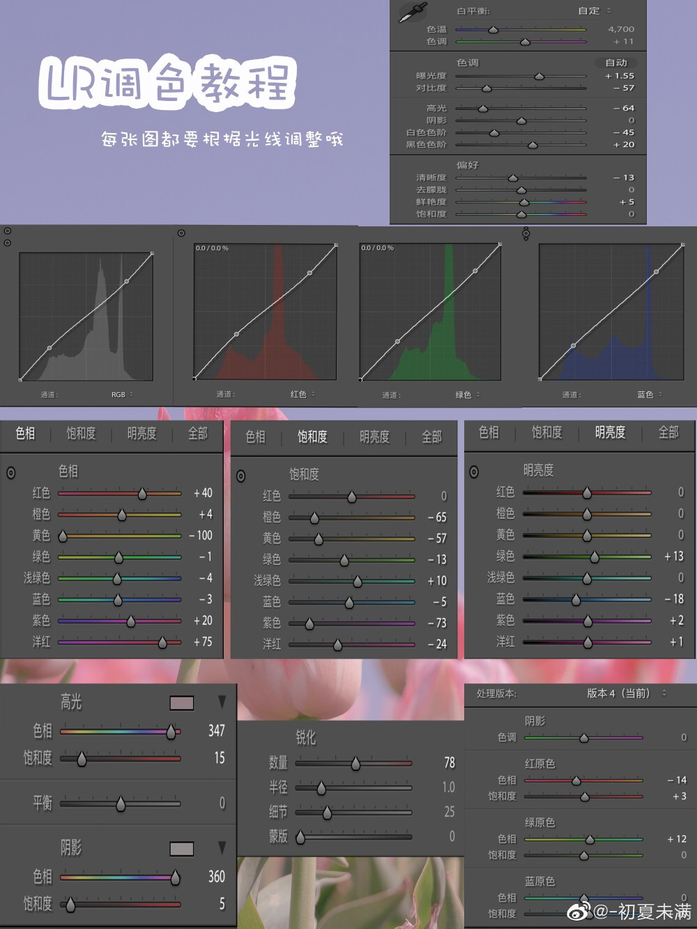 春日来信 | 温柔的奶油糖果粉调色
No matter how long the winter, spring is sure to follow.
▪️前几天出去拍的粉色郁金香，今天调出来超爱的糖果色，这颜色太好看了，忍不住把以前许多图片都拿出来试试，试了100多张日常图片，确定了这款滤镜的适用范围：
1.粉色花朵（樱花/桃花/郁金香/玫瑰）/粉色场景
2.简洁环境下的天空/云朵/屋顶/水面
3.甜品/饮料/下午茶（环境尽量简单一些，最好是白色）▪️这组调色真的超级奶油了，每张图拍摄环境光线不同，出来的效果都可能不同，大家要根据自己的图调整，千万不要照搬数据哦。
▪️调色软件是用的LR哦，手机版的也可以试试.
如果环境调出来不是很粉，可以增加色调和高光色调的饱和度
·
cr@-初夏未满