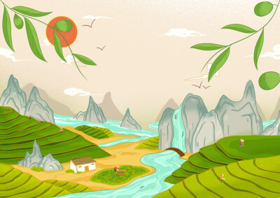 画面结合“云南”当地茶园场景，提取“山”“茶田”
“水流”“茶农”等元素。
通过插画的表现形式作为包装主视觉，整体画面以
比较清新的配色方式来表现。
