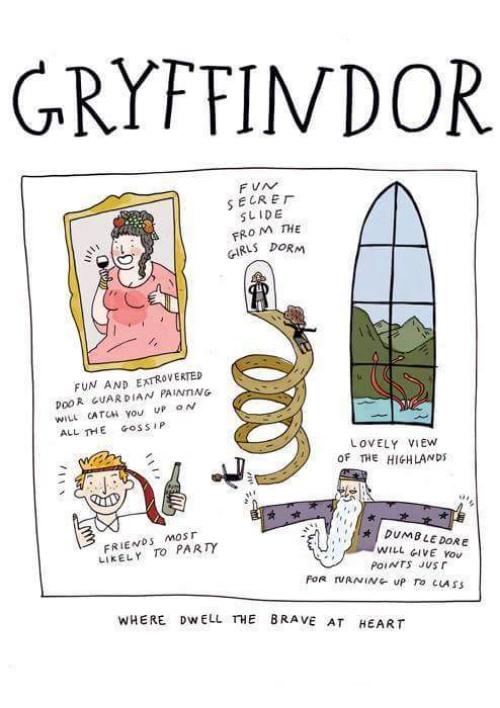 说到分院仪式，就一定会提到四个学院，汤上网友secondhorcrux做了四个学院的特点图（吐槽），小伙伴们能get到其中的点吗~[思考]
【大意如下：】
①格兰芬多️：八卦的画像胖妇人、女生宿舍有滑梯、可以看到苏格兰高地、人人都是party animal、只要去上课校长就给加分！！
②赫奇帕奇：离厨房很近、舒服的公共休息室、对朋友衷心真诚、绝佳的景观设计、对入侵者相当仁慈。
③拉文克劳：人人都是艺术家，绝佳位置看校园、天有异象找鹰院、公共休息室大得可以做瑜伽[微笑]
④斯莱特林：免于斯内普的欺压、公共休息室凉快得可以度假、进了球队马尔福少爷他爹给送扫帚、礼物贵重真不假
灵魂翻译：院的小狗子