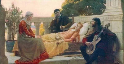 《丽莎如何爱上国王》(How Liza Loved the King)
画家：Edmund Blair Leighton (English,1852.9.21~1922.9.1)
这是薄伽丘《十日谈》中的一个故事人物：丽莎是一个药剂师的女儿，她远远看到西班牙阿拉贡的国王彼得罗…