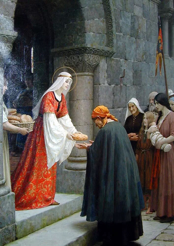 《匈牙利圣伊丽莎白的仁慈》(The Charity of St. Elizabeth of Hungary)
画家：Edmund Blair Leighton (English,1852.9.21~1922.9.1)
圣伊丽莎白（St. Elizabeth of Hungary，1207-1231）是匈牙利国王安德烈二世（Andrew II of Hungary）的第三个女儿，14岁时嫁给神圣罗马帝国皇亲——统治德国图林根州的20岁的伯爵路易斯四世（Louis IV, Landgrave of Thuringia）。两人生活幸福美满，育有3个子女。
1227年，27岁的路易斯四世参加十字军远征时病故，死后不久他们的第三个女儿出生。伊丽莎白进入修道院，同时大量建造慈善机构，亲自照看病人。四年后病故，年仅24岁，后被罗马教廷封圣。