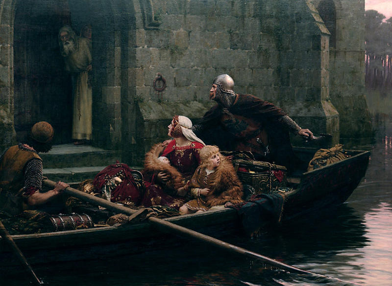 《危难关头》(In Time of Peril) 1897年绘
画家：Edmund Blair Leighton (English,1852.9.21~1922.9.1)
这幅画并不是指代某一历史事件，它所代表的是这样一种历史情景：中世纪英格兰频频爆发王位之争，失势的王室家眷——特别是王妃和有继承权的王子通常会前往修道院避难。