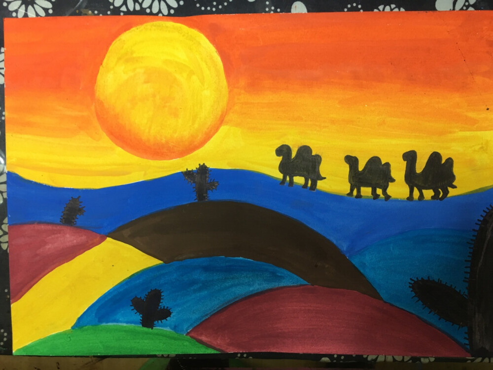 儿童水粉画风景沙漠落日