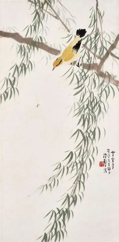 作者：陈树人作品：黄鹂翠柳形式：设色纸本 镜框尺寸：66.5×33cm