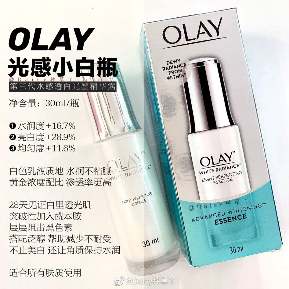 ◇◆好物分享
◆◇Olay玉兰油小白瓶
Olay的烟酰胺在美白界是好多美眉的心头，有效的减少黑色素沉淀，在皮肤底层减淡黄气，还可以提亮肤色，让整个肌肤都透出健康光泽感。
￥❶❺❾