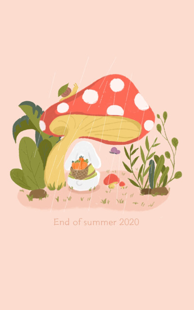 插画小兔子手绘蘑菇