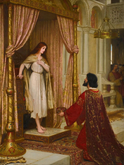 The King and the Beggar-maid（国王向女乞丐求婚）by Edmund Blair Leighton,1898
描述国王向女乞丐求婚的情景。国王的虔诚与女乞丐的惊愕，无论是肢体还是神情都表现的淋漓尽致。 ​​​