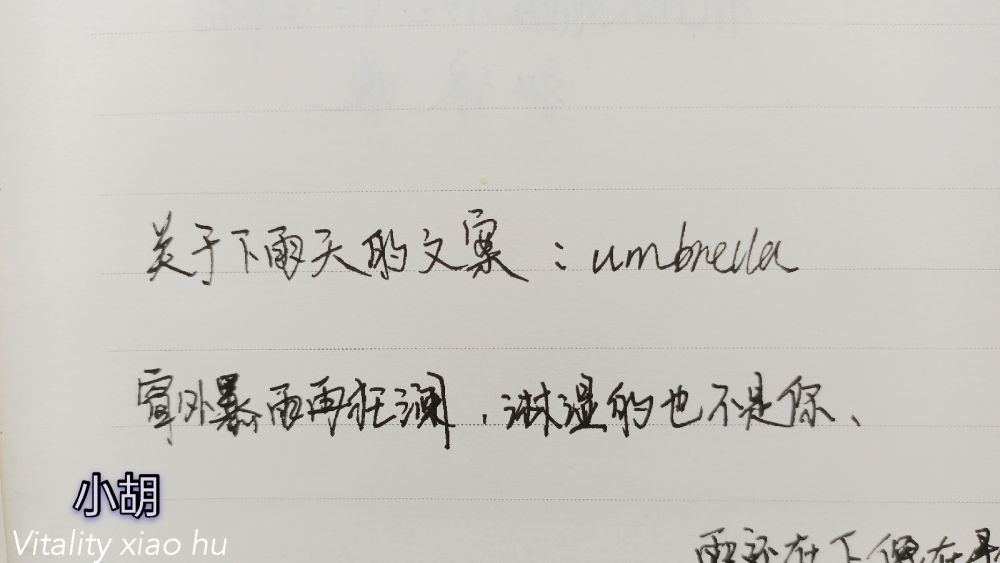  ·文图区·
关于下雨天的文案: umbrella
后来遇到过很多下雨天
缺再也不敢冒雨见你···
原创手写: 小胡 Vitality xiao hu
文章来源:vb
❶ 窗外暴雨再狂澜，淋不湿屋内的你，我是暴雨，你还是你。
❷ 雨还在下像在寻你，它敲我的窗说找不到你。
❸ 有人等烟雨，有人怪雨急。
❹ 如果你觉得不够诚意，那我就淋雨爱你。
❺ 我在滂沱大雨中绝望，而你撑着伞向我走来。
❻ 你从雨中来，我淋湿到现在。
❼ 雨快停了吧，夏天也该结束了。
❽ 后来又遇到很多下雨天，却不敢再冒雨见你一面。
❾ 下雨天了怎么办，我好想你。