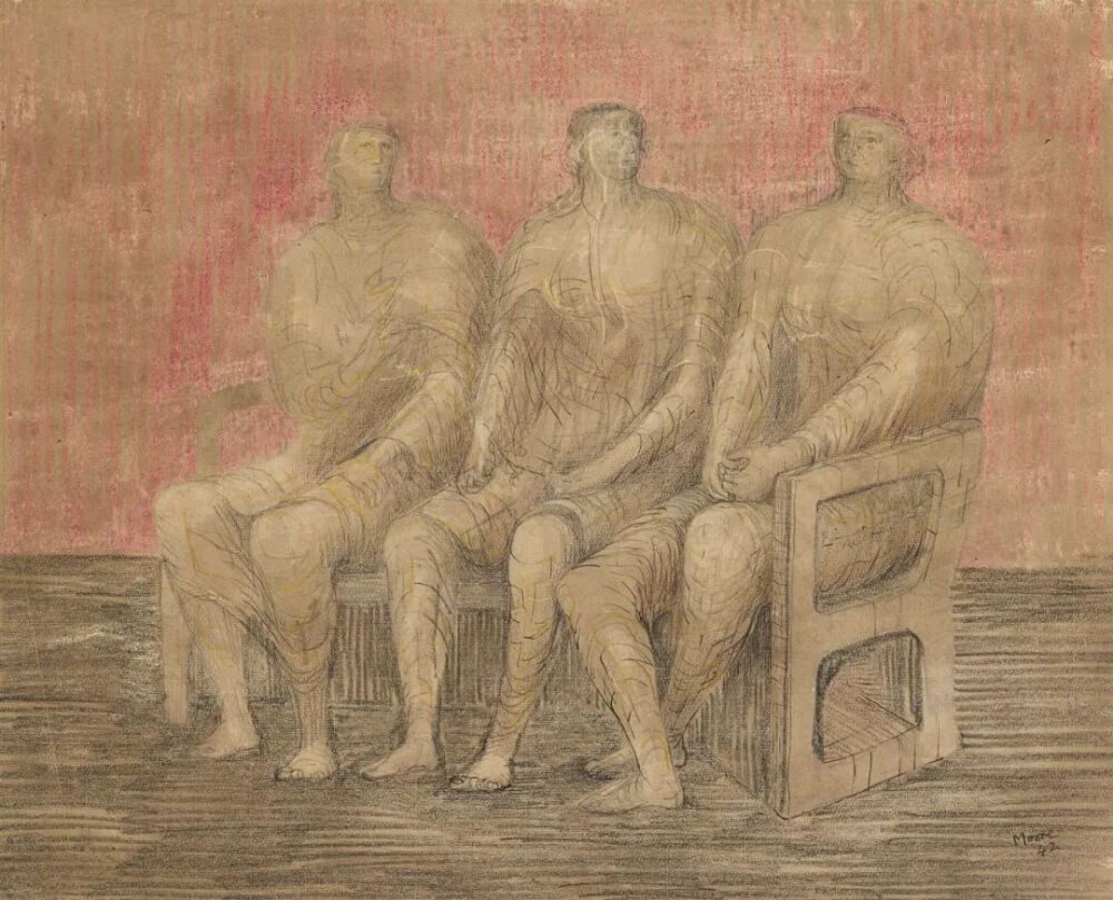 亨利·摩尔（Henry Moore）《三个坐着的女人》（Three Seated Women），纸上铅笔、蜡笔、木炭、水洗笔等，44.6×55.2cm，1942年。由伯克郡博物馆出售，2018年5月14日，苏富比纽约“印象派及现代艺术晚拍”以30万美元成交。