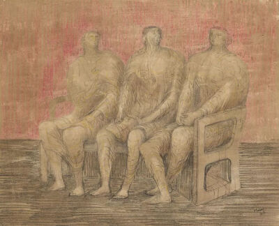 亨利·摩尔（Henry Moore）《三个坐着的女人》（Three Seated Women），纸上铅笔、蜡笔、木炭、水洗笔等，44.6×55.2cm，1942年。由伯克郡博物馆出售，2018年5月14日，苏富比纽约“印象派及现代艺术晚拍”以30万美元成…