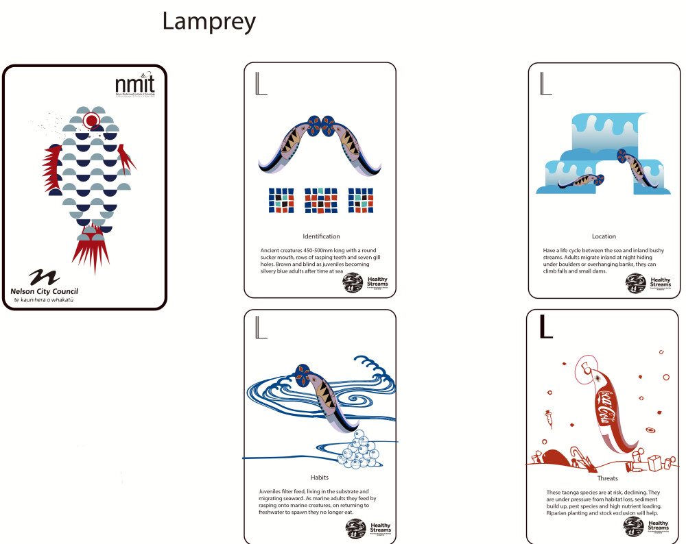 I designed the card patterns and patterns according to the popular game "Fish/Go Fish". The protagonists of these cards are three NZ fish that live in fresh water, with the aim of
educating people about freshwater fish species and encouraging them to help