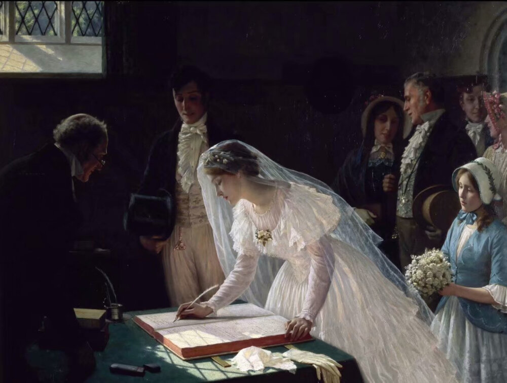 Signing the Register（婚礼签字）
by Edmund Blair Leighton, 1920 //油画