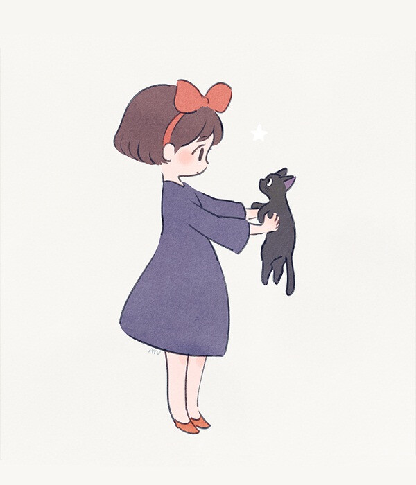 女孩与猫咪插画byayu