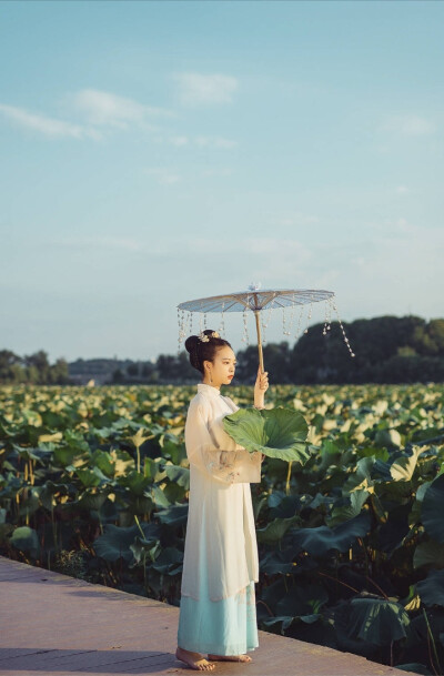 “碧荷生幽泉.朝日艳且鲜.秋花冒绿水.密叶罗青烟.秀色粉绝世.馨香谁为传?”