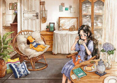 悠闲的下午茶时光 ~ 来自韩国插画家Aeppol 的「森林女孩日记-2020」系列插画。