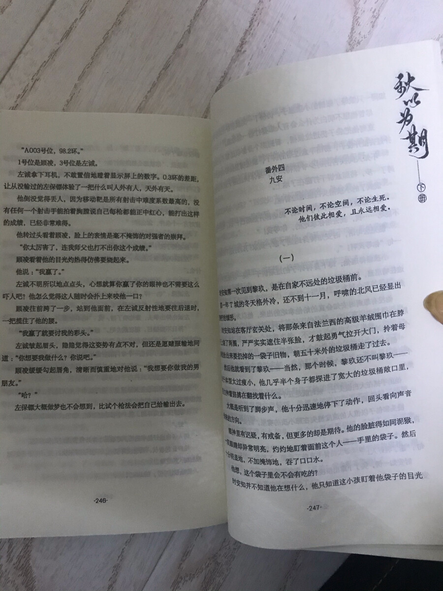 《秋以为期》桃千岁著
黎玖&时安知 边以秋&柯明轩
239.将子无怒，秋以为期.
260.边以秋是我的人.——柯明轩
270.十指相扣.掌心相对.以后的路.我陪你一起走.你的下半辈子.我包了.
55.因为我想干干净净地活.那样才配得上柯明轩.如果不能.他宁愿死.——边以秋
57.如果记忆可以用刀刻下来.带到下一世.他不介意剖开皮肉.刀刀入骨.——边以秋
113.秋先生，我姓柯 柯先生，我姓边
120.边以秋，秋以为期，我给你.——柯明轩
152.如同你想用婚姻换我自由一样.如果能用我的生命换你的自由好像也不亏.如果有下辈子.见到我时.可不要忘了.——边以秋
158.他是我的人，我这一辈子，也只爱这么一个人.——柯明轩
165.因为我爱你.所以我什么都愿意——柯明轩
193.视线之中，是他至爱的一大一小，暖黄的灯光轻柔流泻，笼罩成一个幸福圆满的茧，那是他的全世界.
194.回家了，这是我们的家，从生到死，都要一直睡下去.
217.柯明轩，你是我的人了.——边以秋
247.不论时间，不论空间，不论生死，他们彼此相爱，且永远相爱.——黎玖&时安知
253.你给我一顿饱饭，我还你一世平安