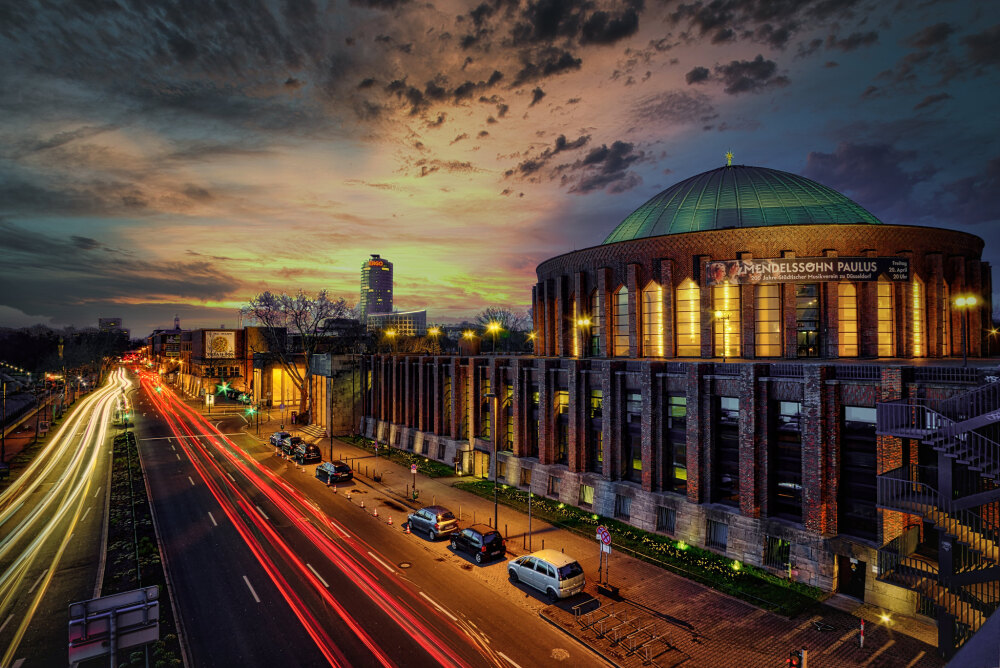 General 2048x1368 light trails night sunset building city cityscape photography HDR road car lights clouds overcast stairs Dusseldorf Norbert Clausen long exposure