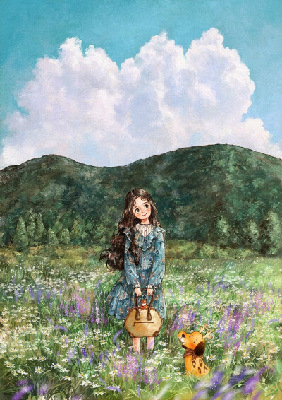蓝天白云，微风花香，美好的一天 ~ 来自韩国插画家Aeppol 的「森林女孩日记-2020」系列插画。