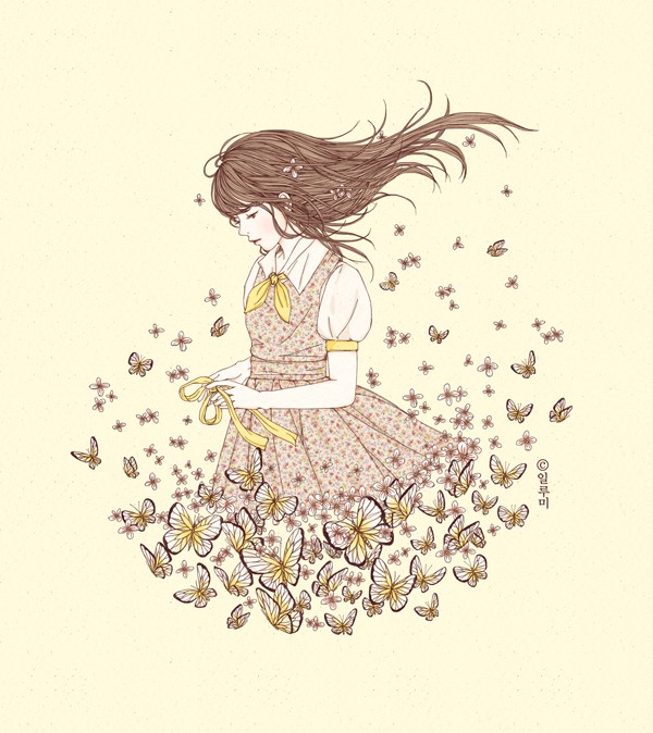 少女 花 清新小插画 By miru02